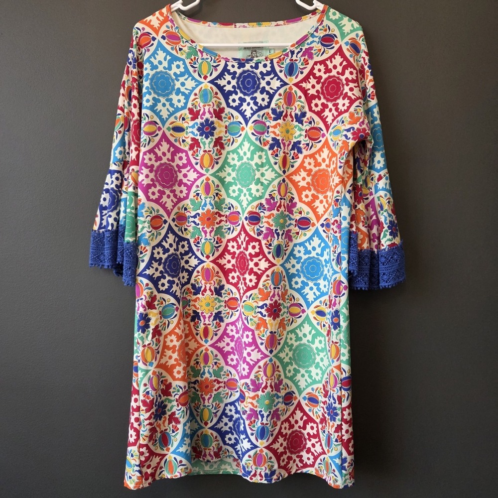 Judith March Women's Rainbow Tile Print Shift Dress Size L Lace Bell Sleeve Boho
